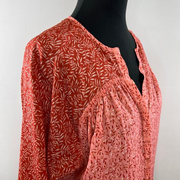 JOIE Javeth Cinnamon Silk Blouse Pink Orange Leaf Print V-Neck 3/4 Sleeve Top S - Picture 4 of 7